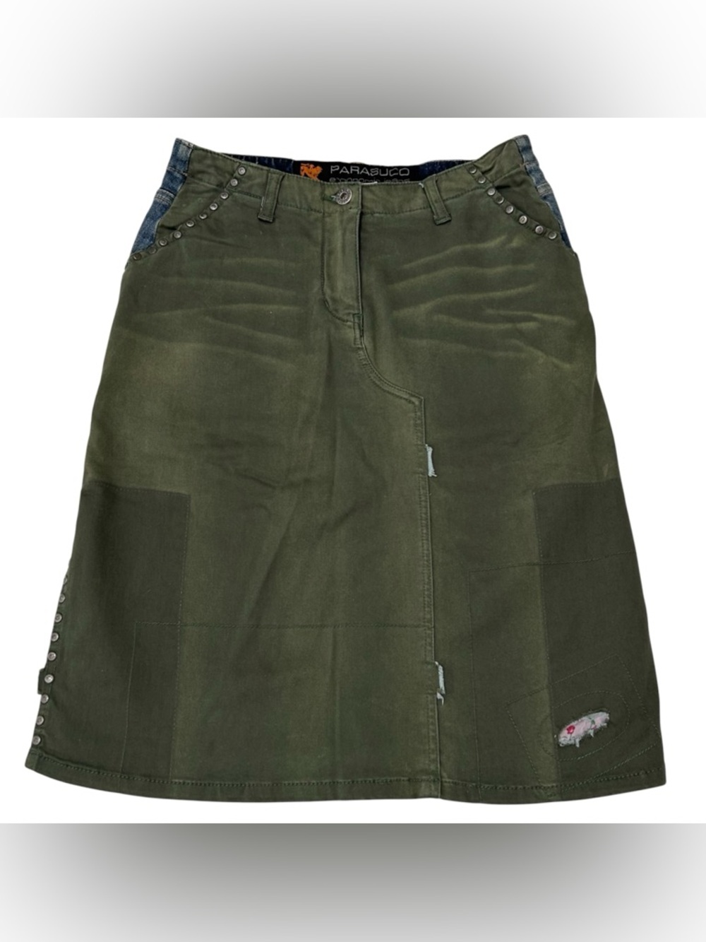Vintage Late 90s Y2K Parasuco Patchwork Midi Skirt Denim Army Green Size 2 Rare - Picture 2 of 11